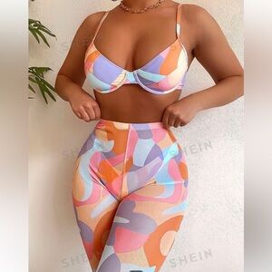 3 pcs all over print push up bikini swimsuit with cover up pants